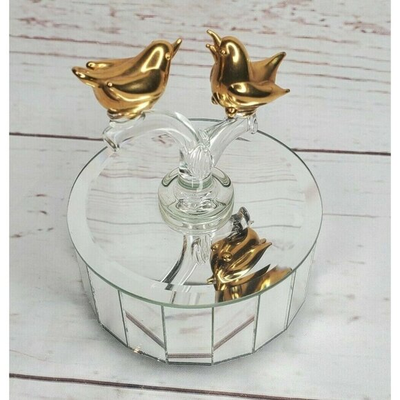 Gold-Tone Bird Figurines on Mirrored Rotating Base | Elegant Decorative Piece - Picture 11 of 12